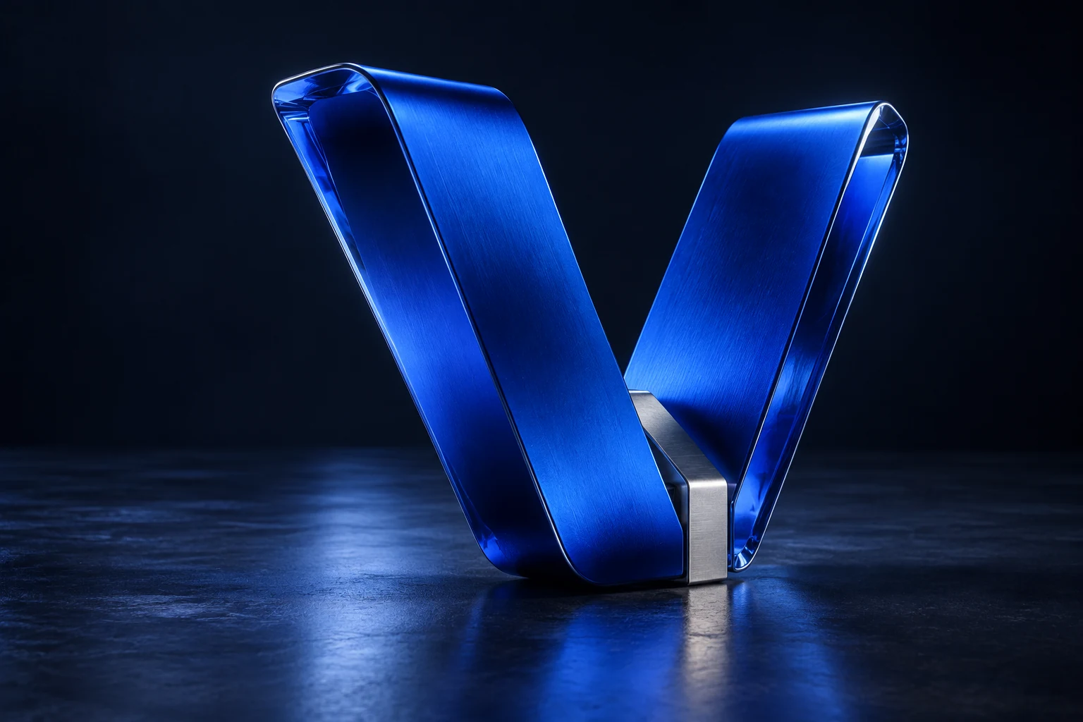 Sculptural cobalt-blue V with precise folded metal surfaces